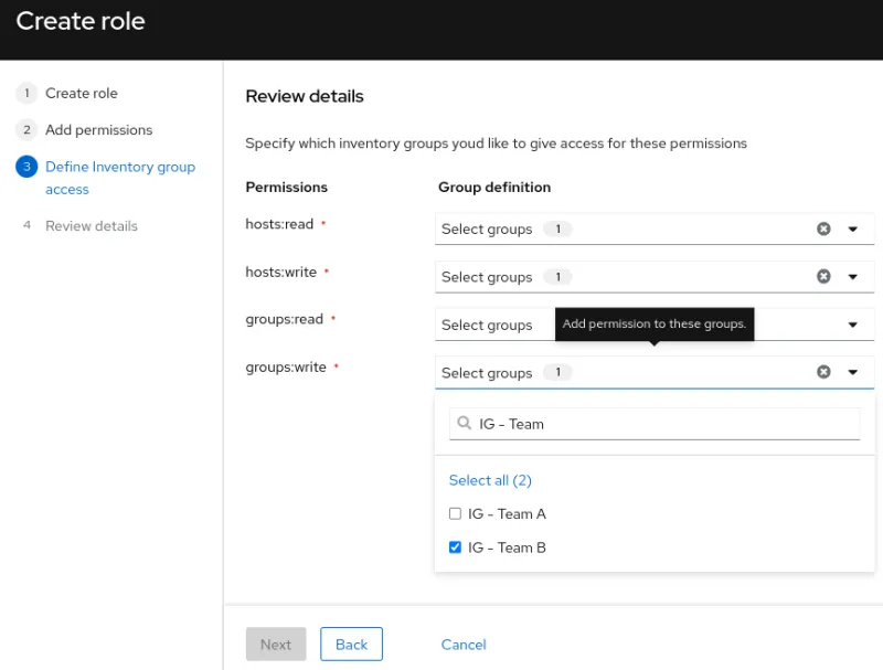 Insights screenshot to define inventory group access for role