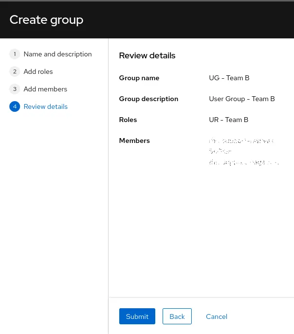 Insights screenshot to review and submit the group for creation