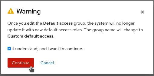 Insights screenshot warning the user that Default access becomes Custom default access once modified