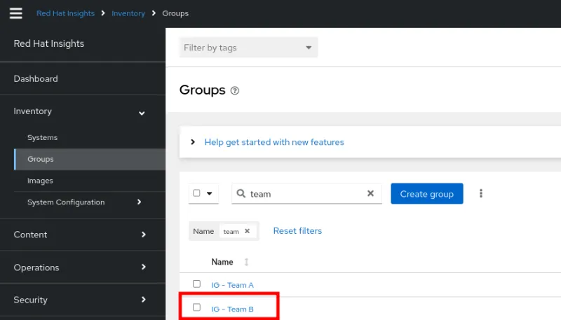 Insights screenshot to view inventory groups