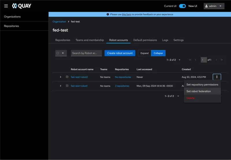 Screenshot of Red Hat Quay Robot drop down menu.