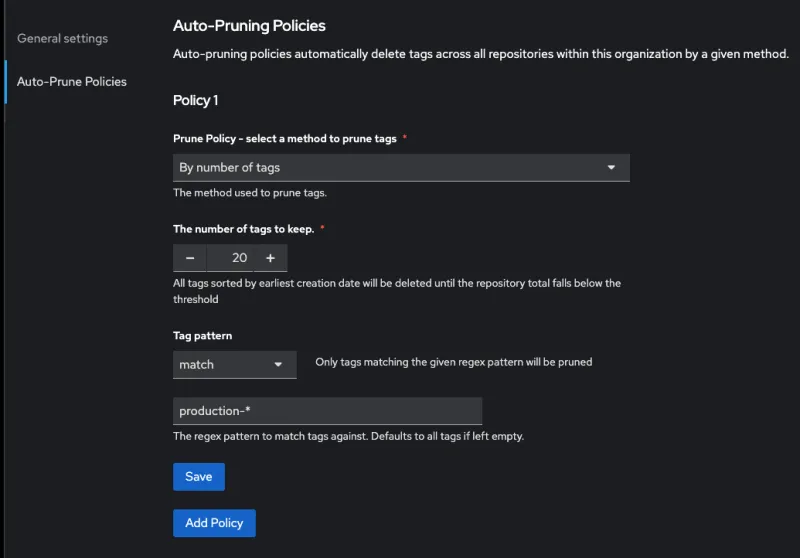 Screenshot of auto-pruning configuration window