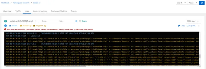 Kiali’s correlated log view showing application, ztunnel, and waypoint logs together