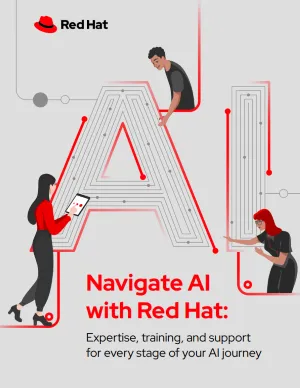 Front cover of ebook featuring three people interacting with large, stylized, red and gray letters spelling "AI,"
