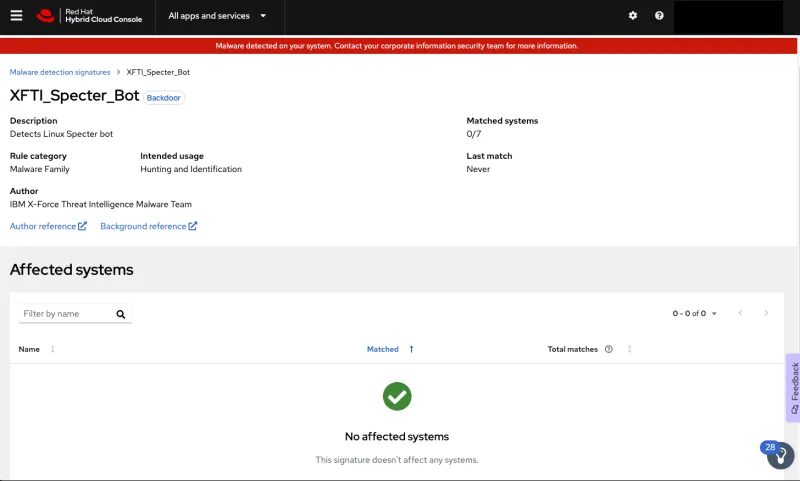 A screenshot of an individual malware signature's information in Red Hat Hybrid Cloud Console