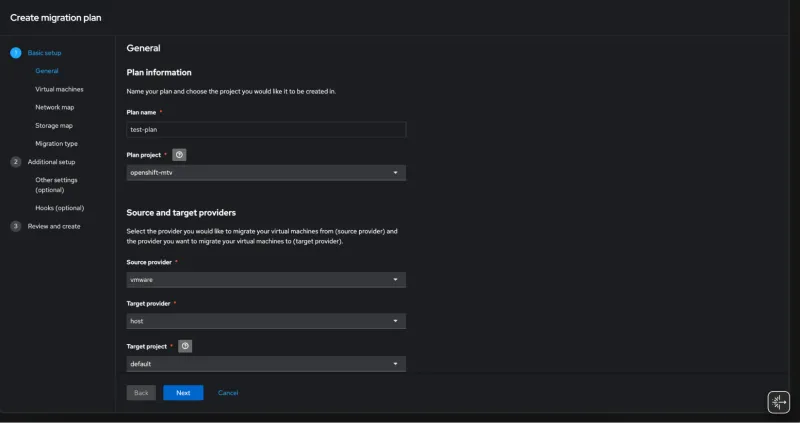 First page of the Create migration plan wizard with general basic set up input fields