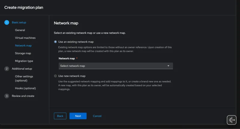 Network map step of the Create migration plan wizard which allows you to select between using an existing network map or using a new network map