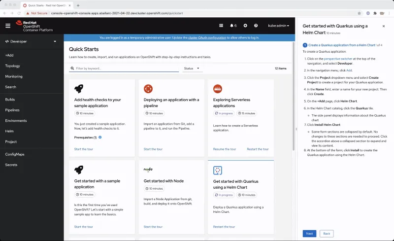 OpenShift quick start navigation hints