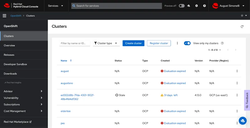 Screenshot of the cluster management interface.