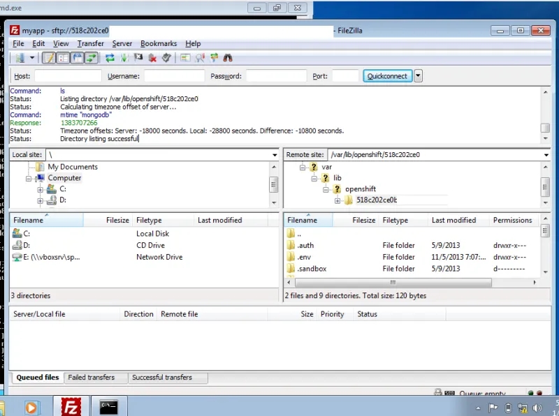 what the dialog looks like once you connect filezilla to OpenShift picture