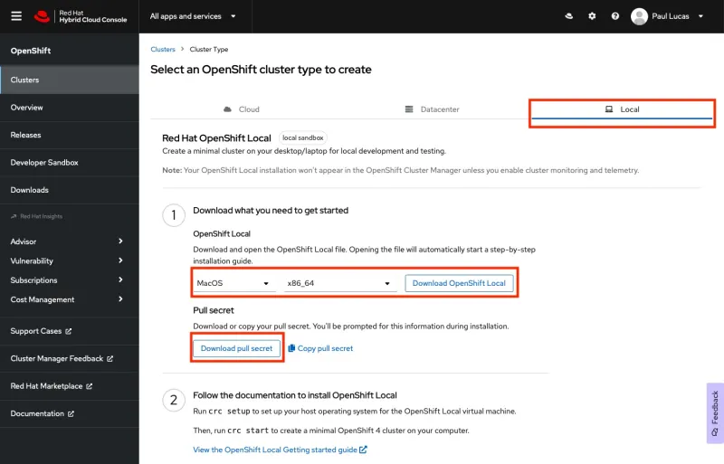 Screenshot of OpenShift Local Cluster Creation Screen