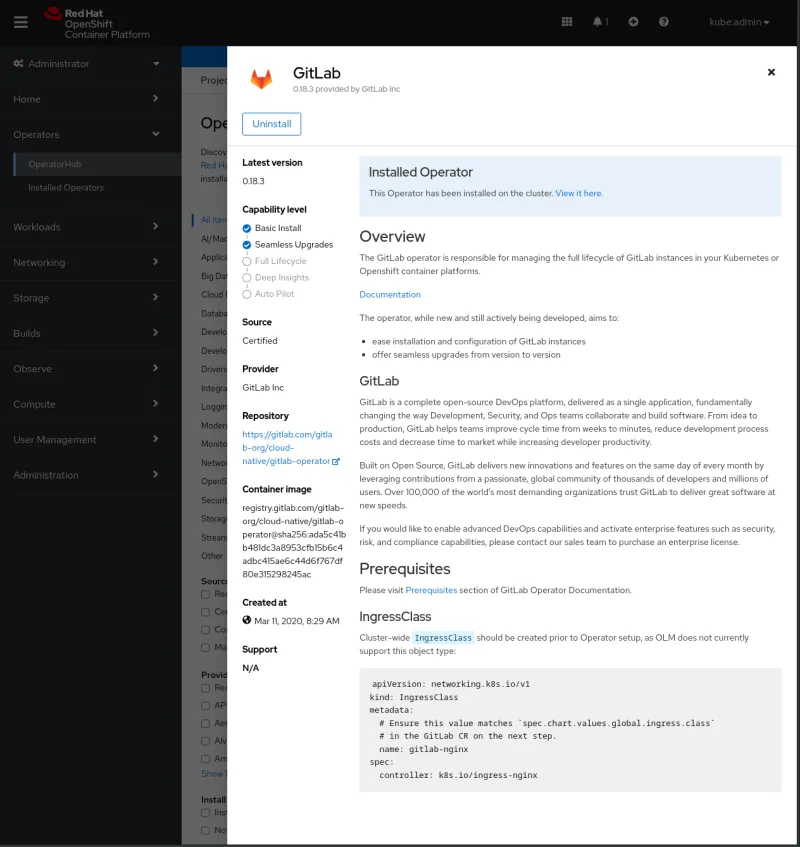 Screenshot of the GitLab page for installing the operator