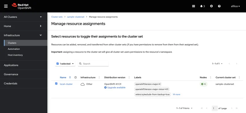 Screenshot of RHACM console showing how to manage resource assignments.
