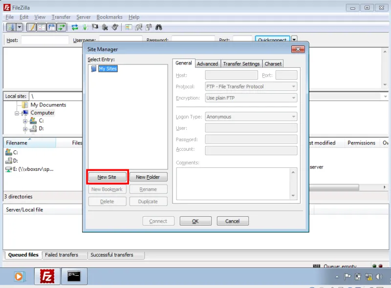 setting up a new site with filezilla picture