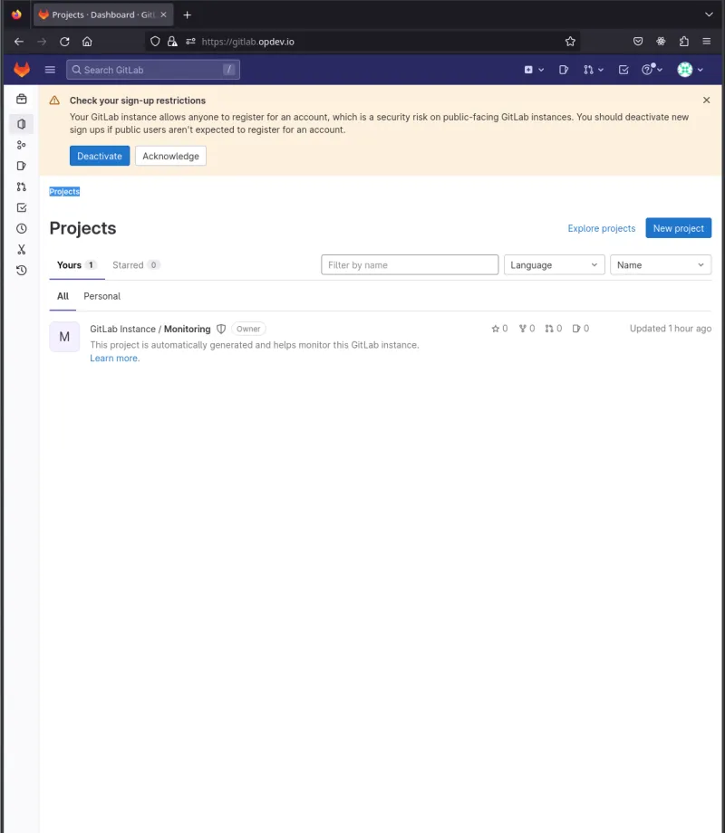 Screenshot of the GitLab operator Projects page