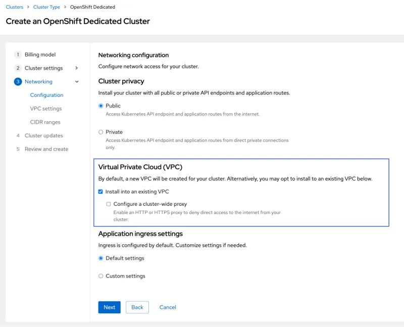 VPC setting in the OpenShift Dedicated cluster creation wizard