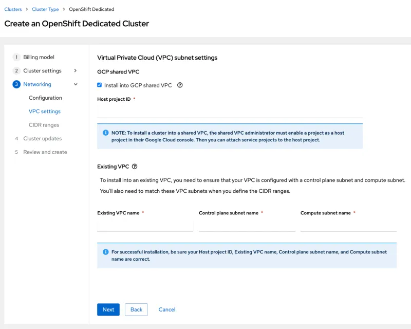 Shared VPC settings in the OpenShift Dedicated cluster creation wizard