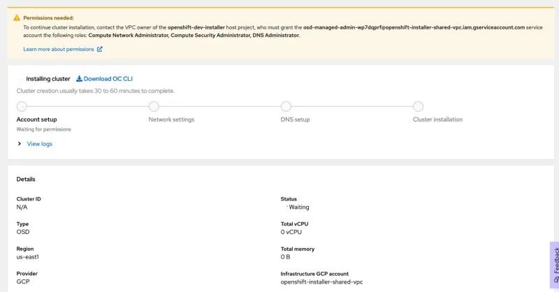 OpenShift Dedicated cluster in "Installation Waiting" state