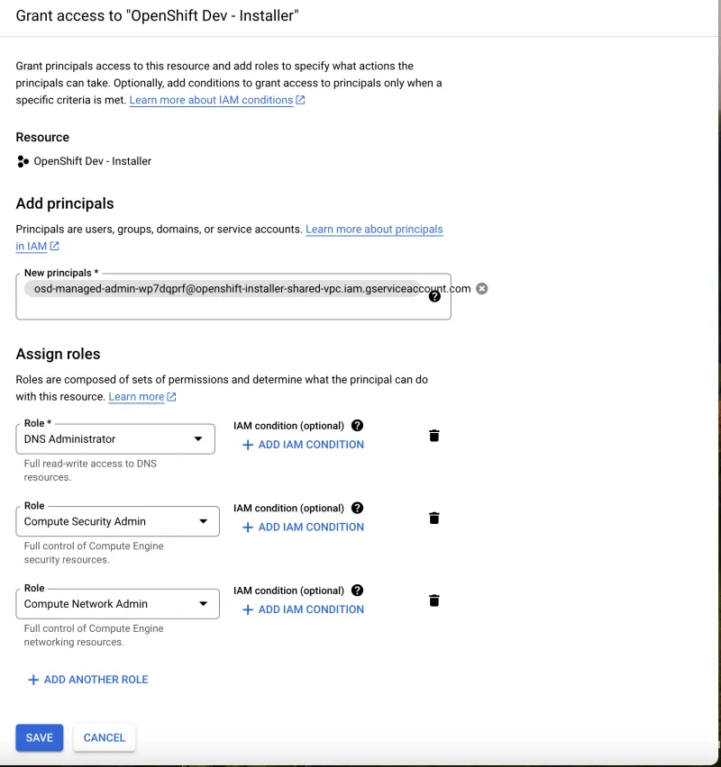Grant additional roles to the OpenShift Dedicated service account in Google Cloud IAM settings