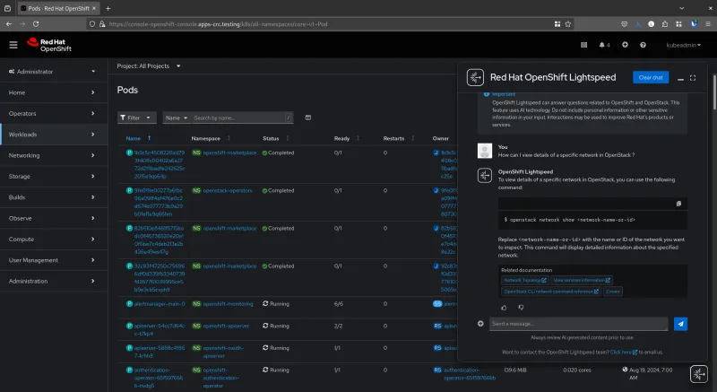 OpenStack Lightspeed within the Red Hat OpenShift web console