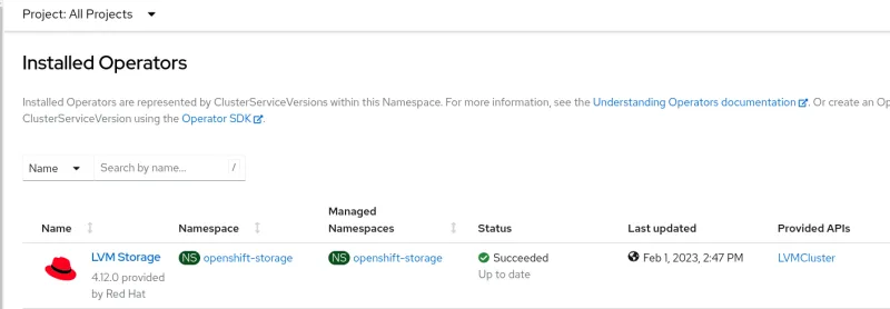Persistent data on OpenShift: Screenshot of installed operators
