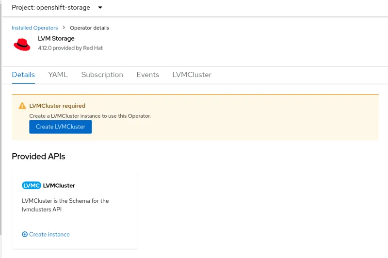 Persistent data on OpenShift: Screenshot of LVM Storage operator details