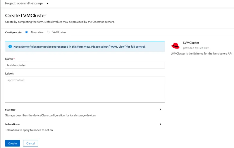 Persistent data on OpenShift: Screenshot of the Create LVMCluster options
