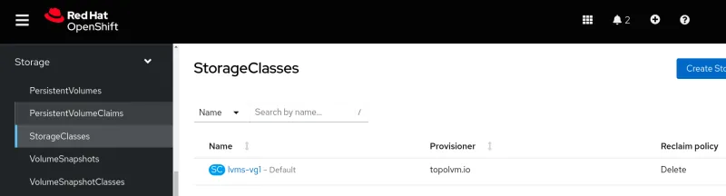 Persistent data on OpenShift: Screenshot of StorageClasses list