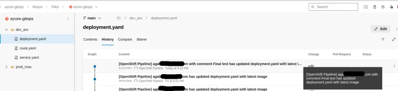 Screenshot of deployment.yaml history