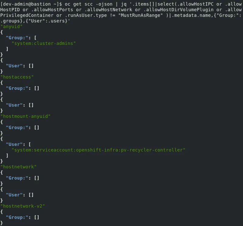 Screenshot of a terminal window displaying command results