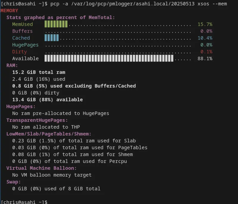 Terminal output from the “pcp -a … xsos –mem” command