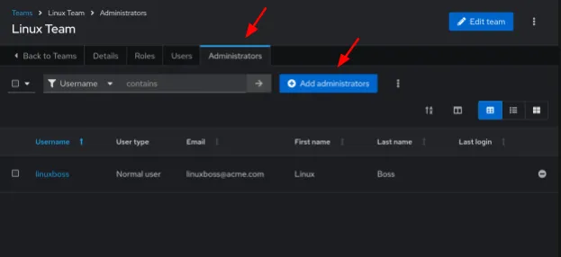 The team details page now has an “Add administrators” tab where you can add users as team administrators.