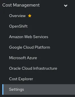 Red Hat Insights cost management menu, with the Settings option highlighted