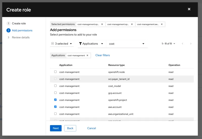 Screenshot of adding permissions to the newly defined role