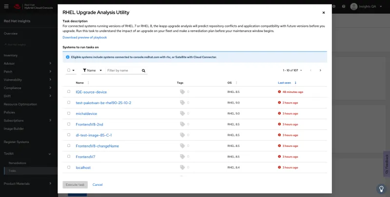 RHEL Upgrade Analysis Utility screenshot