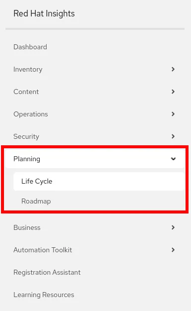 Screenshot showing the new Planning menu item in Red Hat Insights