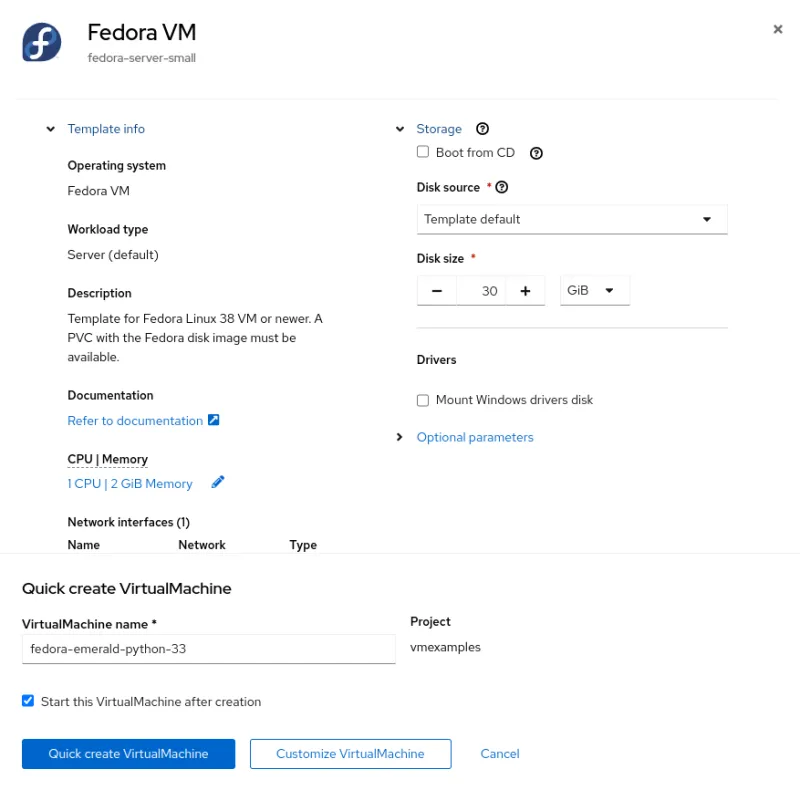 The image above shows the wizard used to create virtual machines from provided templates and the options that can be customized.
