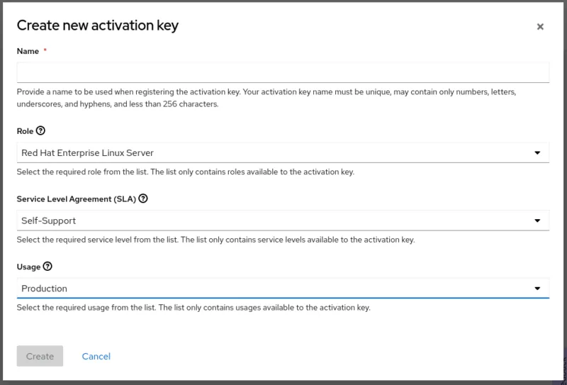 Dialog for creating the activation key with the forms Name, Role, Service Level Agreement (SLA), and Usage