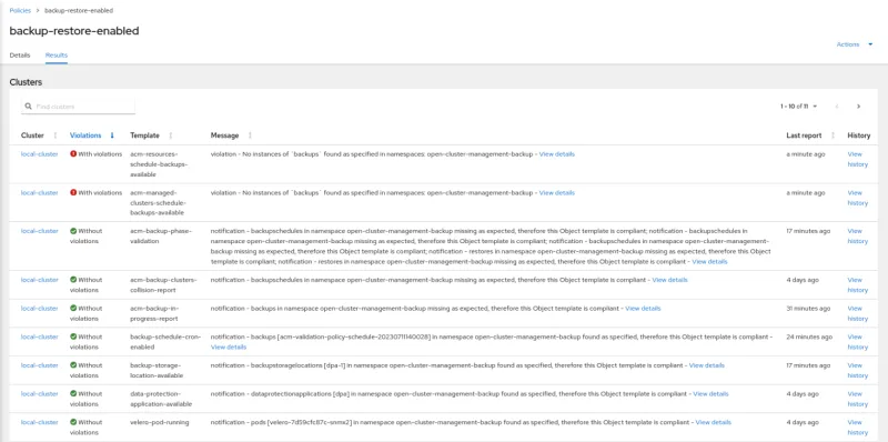 Screenshot of a working "backup-restore-enabled" policy working