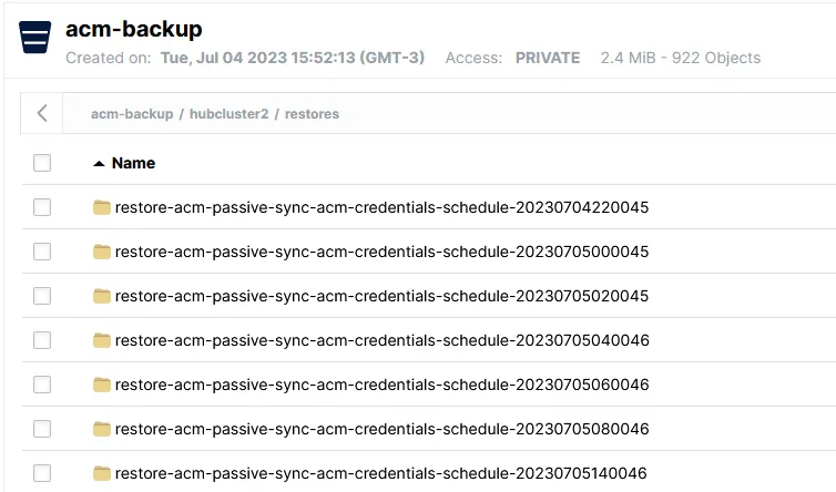 Screenshot of a managed cluster's restore data in object storage