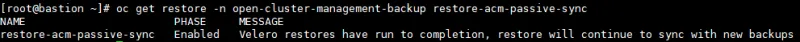 Screenshot of a terminal window showing the results of a oc get restore command