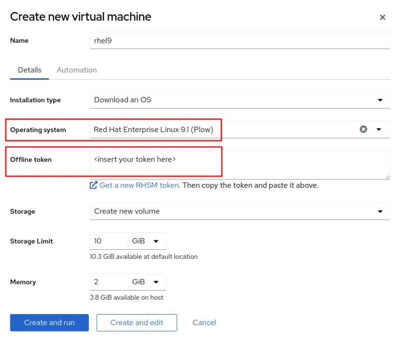 RHEL web console "Create new virtual machine" dialog, with Operating system and Offline token options highlighted with red boxes.
