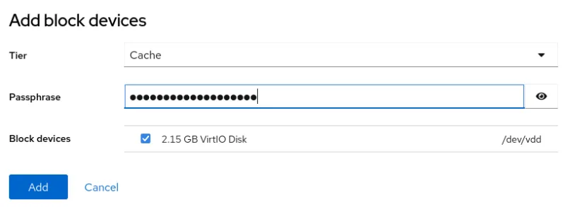 Screenshot showing a cache block device being added to an encrypted Stratis pool