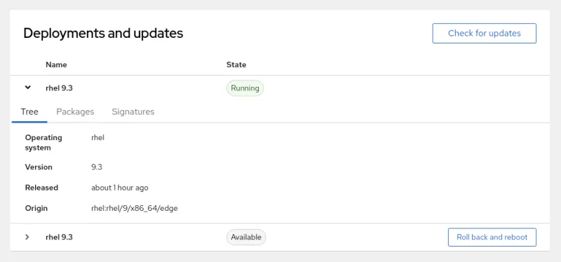 Screenshot showing the ability to manage rpm-ostree updates on RHEL for Edge systems