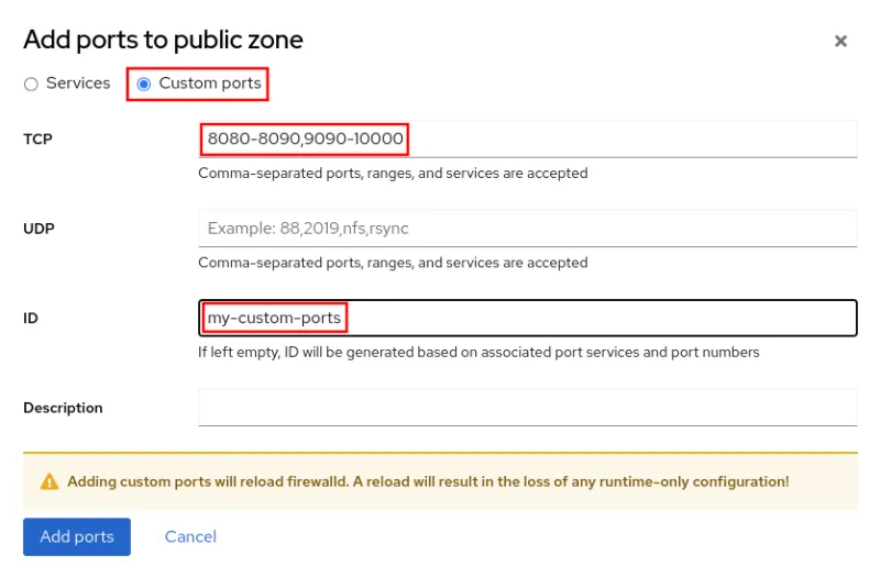RHEL web console "Add ports to public zone" option, with "Custom ports" selected, TCP set to "8080-8090,9090-10000", and ID set to "my-custom-ports".