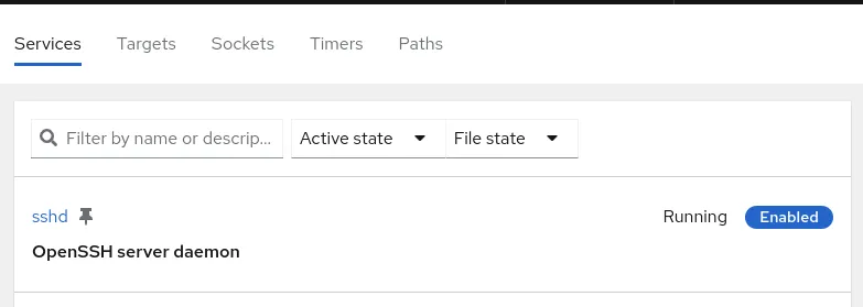 RHEL web console screenshot showing the OpenSSH server daemon as Enabled.