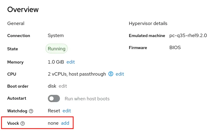  Screenshot showing the option to add a Vsock device on a virtual machine