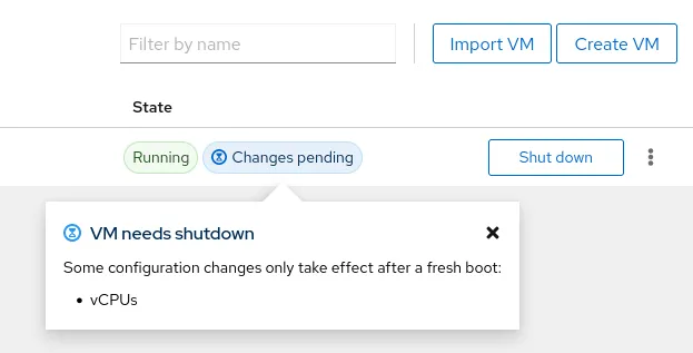  Screenshot showing changes pending on a virtual machine