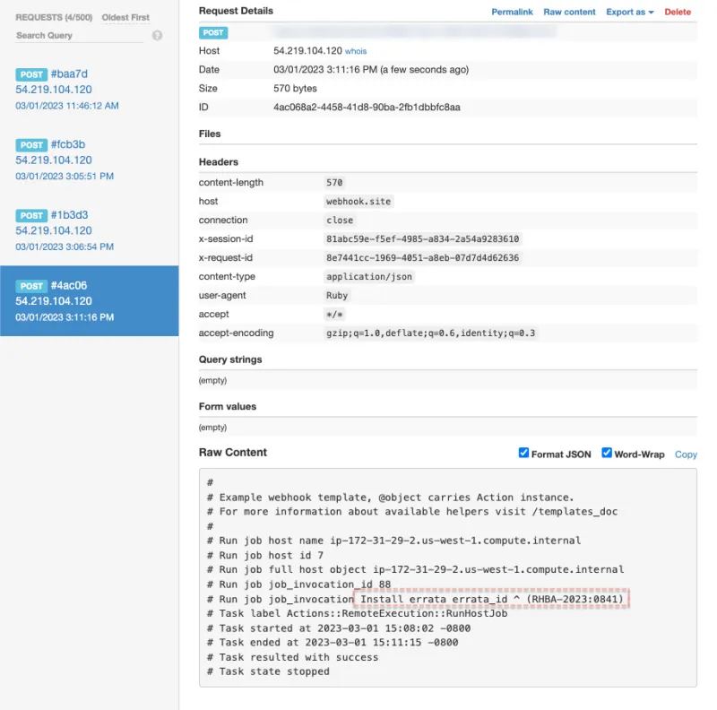 Screenshot of a webhook sent from a test Satellite server