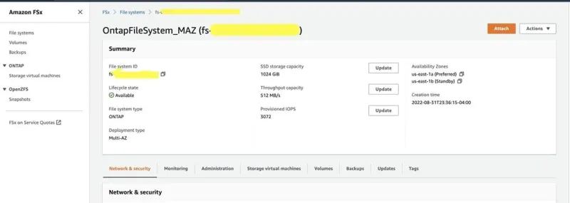 Figure 2 – Amazon FSx Console